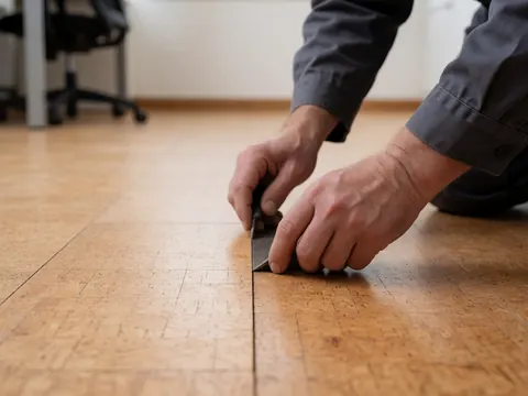 Main d'un adulte ajustant une pièce de sol en liège avec un outil de coupe, montrant le grain du matériau et le détail de l'installation dans un bureau.
