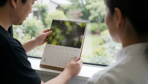 Un photographe macro examine un calendrier orné d'une image de toile d'araignée près d'une fenêtre baignée de lumière naturelle, avec un espace vide à droite pour ajouter du texte.