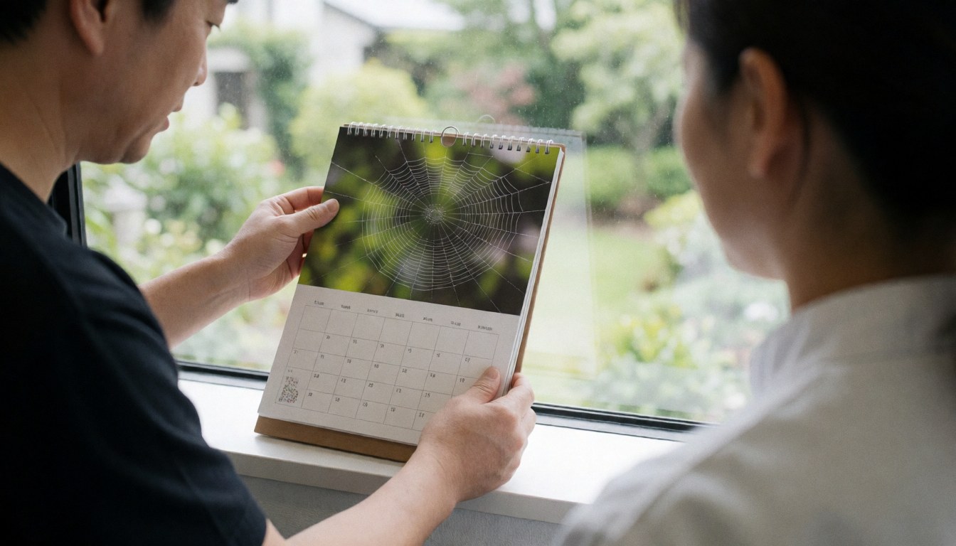 Un photographe macro examine un calendrier orné d'une image de toile d'araignée près d'une fenêtre baignée de lumière naturelle, avec un espace vide à droite pour ajouter du texte.