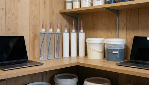 Tubes de mastic et récipients de peinture disposés sur une étagère en bois, destinés à une boutique spécialisée dans les toitures et les couvertures.
