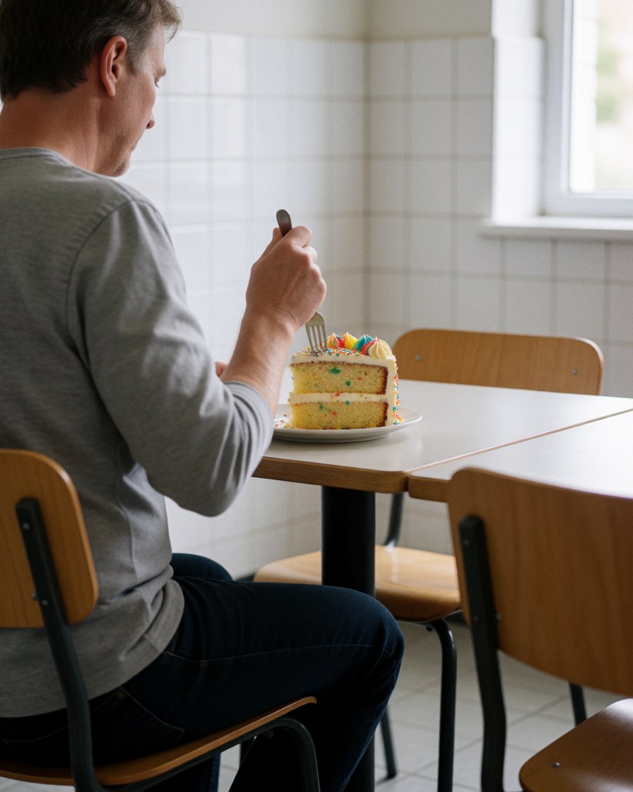 Un adulte déguste un gâteau aux fraises et au confetti dans une cuisine aux murs carrelés et aux chaises en bois.