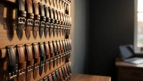Des ceintures en cuir marron et noir posées sur un comptoir en bois, éclairées par une lumière chaude dans un atelier de réparation de montres aux murs gris.