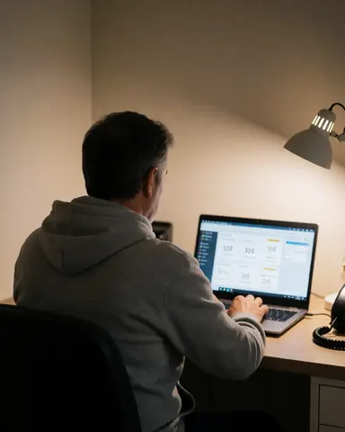 Un coach de cyclisme travaille sur des données d'entraînement à son bureau avec une lumière tamisée, des murs beige et un ordinateur portable affichant des graphiques de performance.