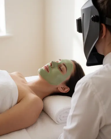 Une cliente porte un masque vert pendant un traitement de massage ayurvédique, avec un masseur en uniforme blanc, des murs clairs et des serviettes blanches.