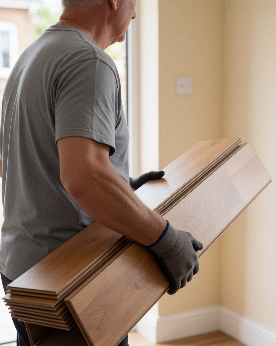 Un ouvrier portant des gants transporte une planche de sol stratifié à l'entrée d'une maison aux murs beige, illustrant une installation en cours.