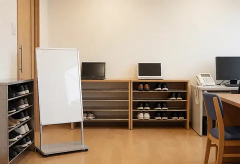 Vue de l'entrée d'un gymnase moderne comprenant un porte-chaussues, un tableau blanc, des meubles en bois clair, des murs blancs et un sol en bois dans un environnement propre et professionnel.