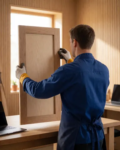 Menuisier portant des gants ajuste une porte en bois clair dans un atelier aux murs de planches et à la lumière naturelle, illustrant un service de réparation de meubles.