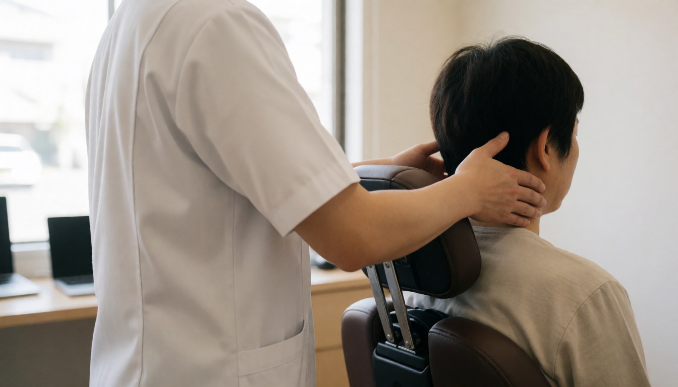 Un thérapeute en tunique blanche masse le cou d'un client assis sur une chaise de massage, éclairé par la lumière naturelle d'une fenêtre avec un fond flou.