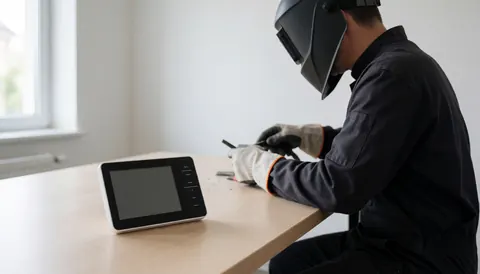 Un technicien portant un casque de protection répare un thermostat numérique sur une table en bois, dans un intérieur lumineux aux murs blancs.