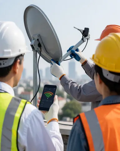 Un technicien en casque et gilet de sécurité ajuste une antenne satellite sur un toit, tandis qu'un client vérifie le signal avec son téléphone portable, avec une vue urbaine en arrière-plan.