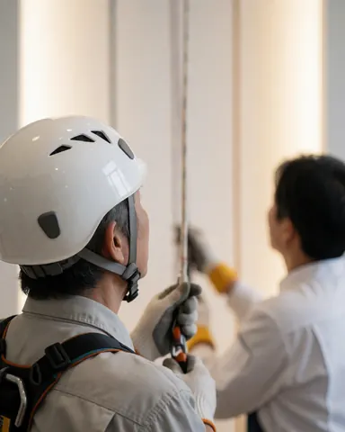 Alpiniste portant un casque blanc et un harnais, regardant la corde sur un mur vertical lors d'une séance d'escalade en intérieur.