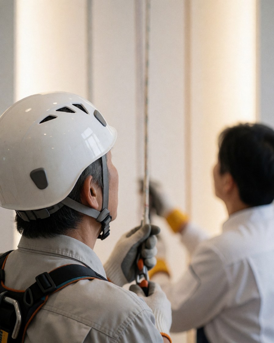 Alpiniste portant un casque blanc et un harnais, regardant la corde sur un mur vertical lors d'une séance d'escalade en intérieur.