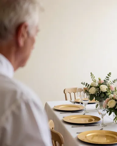Un client examine une table de banquet ornée d'assiettes dorées, de verres et d'arrangements floraux dans une salle aux murs crème.