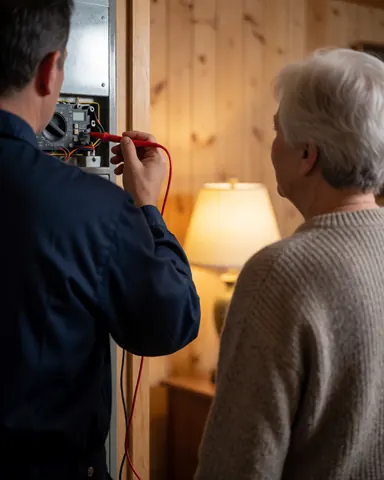 Un technicien examine un panneau de chauffage avec un multimètre tandis qu'un client observe la scène dans un intérieur aux tons boisés et à l'éclairage chaleureux.