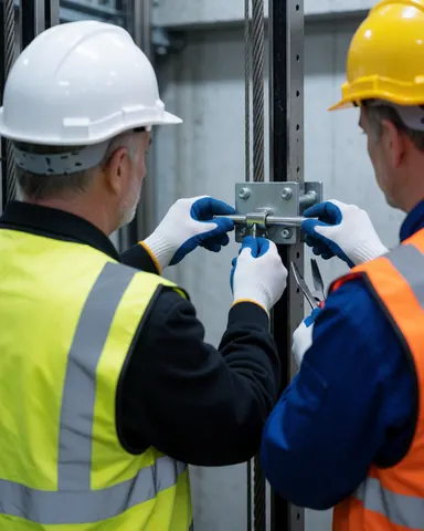 Deux techniciens en casques et gants ajustent un composant métallique de sécurité sur un support de câble d'acier dans une structure d'ascenseur.