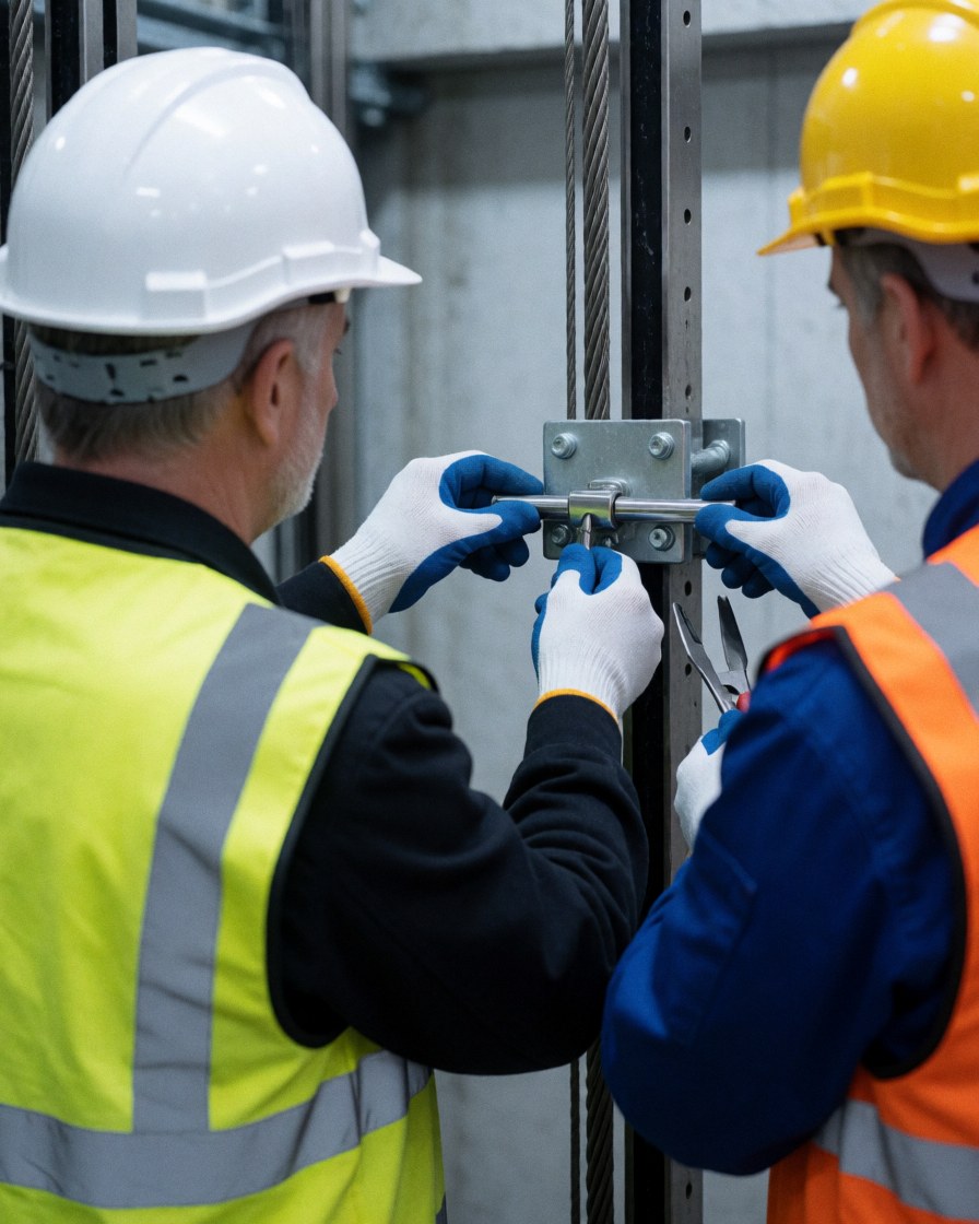 Deux techniciens en casques et gants ajustent un composant métallique de sécurité sur un support de câble d'acier dans une structure d'ascenseur.