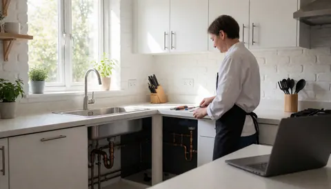 Plombier professionnel effectuant une réparation sous un évier dans une cuisine moderne avec des murs en briques blanches.