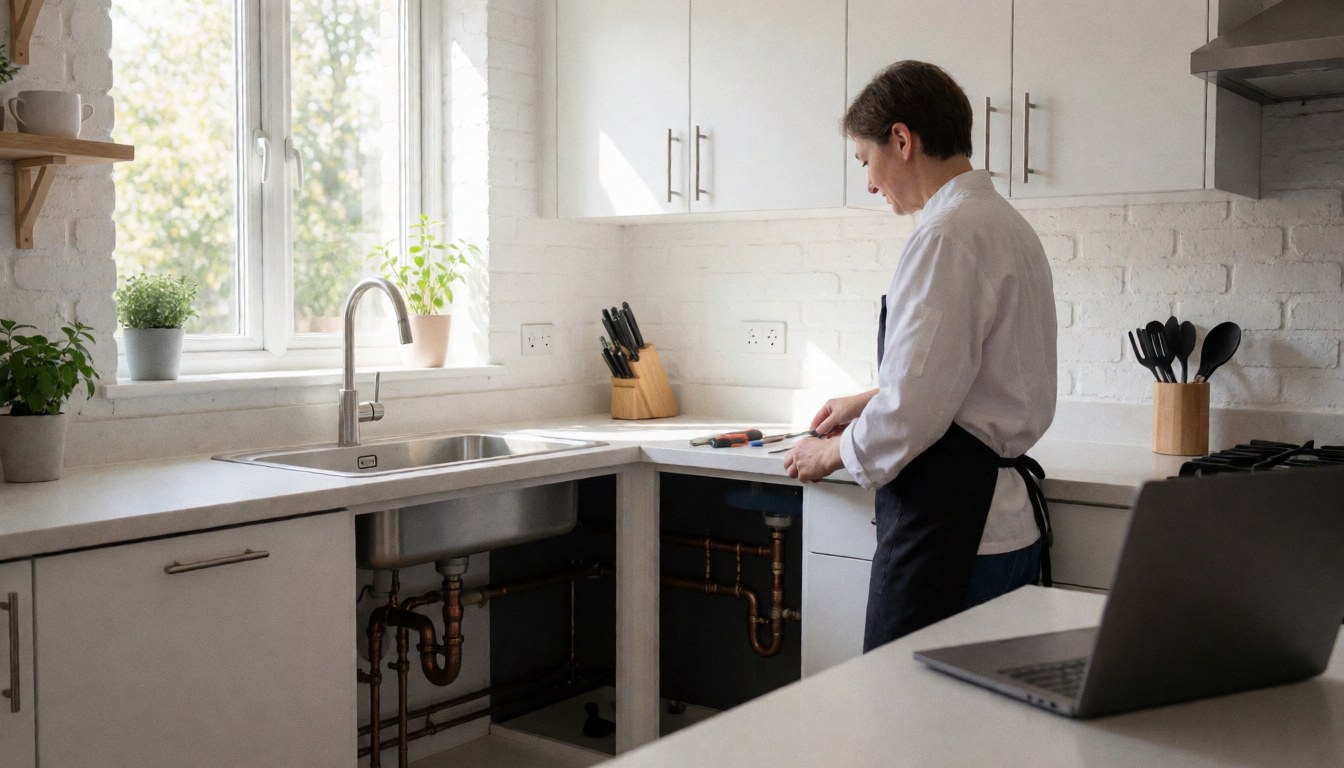 Plombier professionnel effectuant une réparation sous un évier dans une cuisine moderne avec des murs en briques blanches.