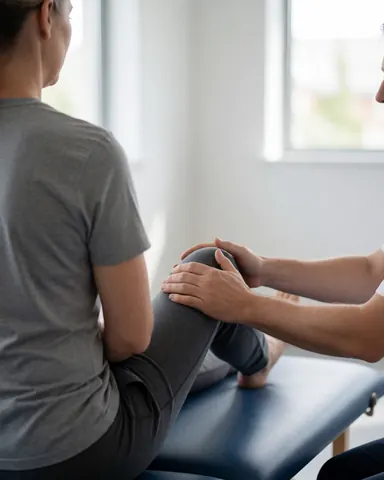 Un thérapeute aide un client à étirer la jambe sur une table de thérapie dans un environnement clinique lumineux et professionnel.