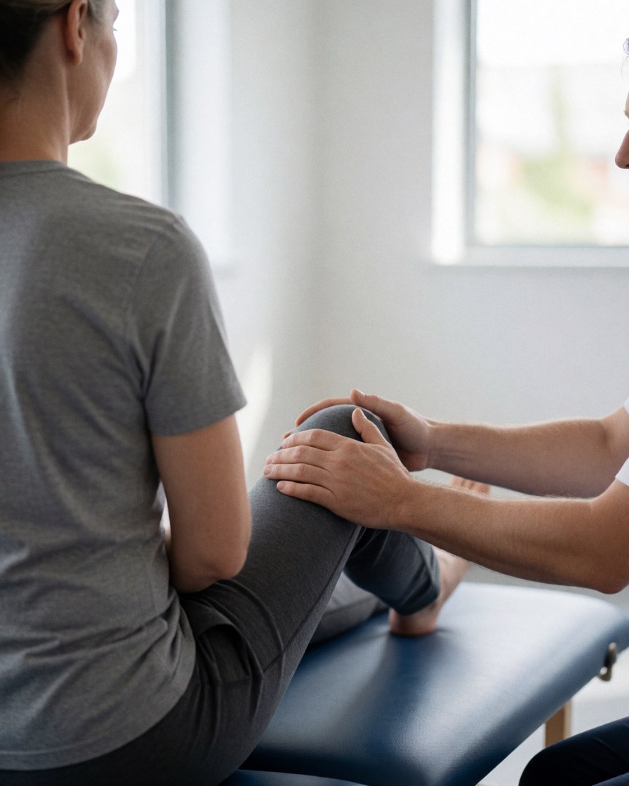 Un thérapeute aide un client à étirer la jambe sur une table de thérapie dans un environnement clinique lumineux et professionnel.