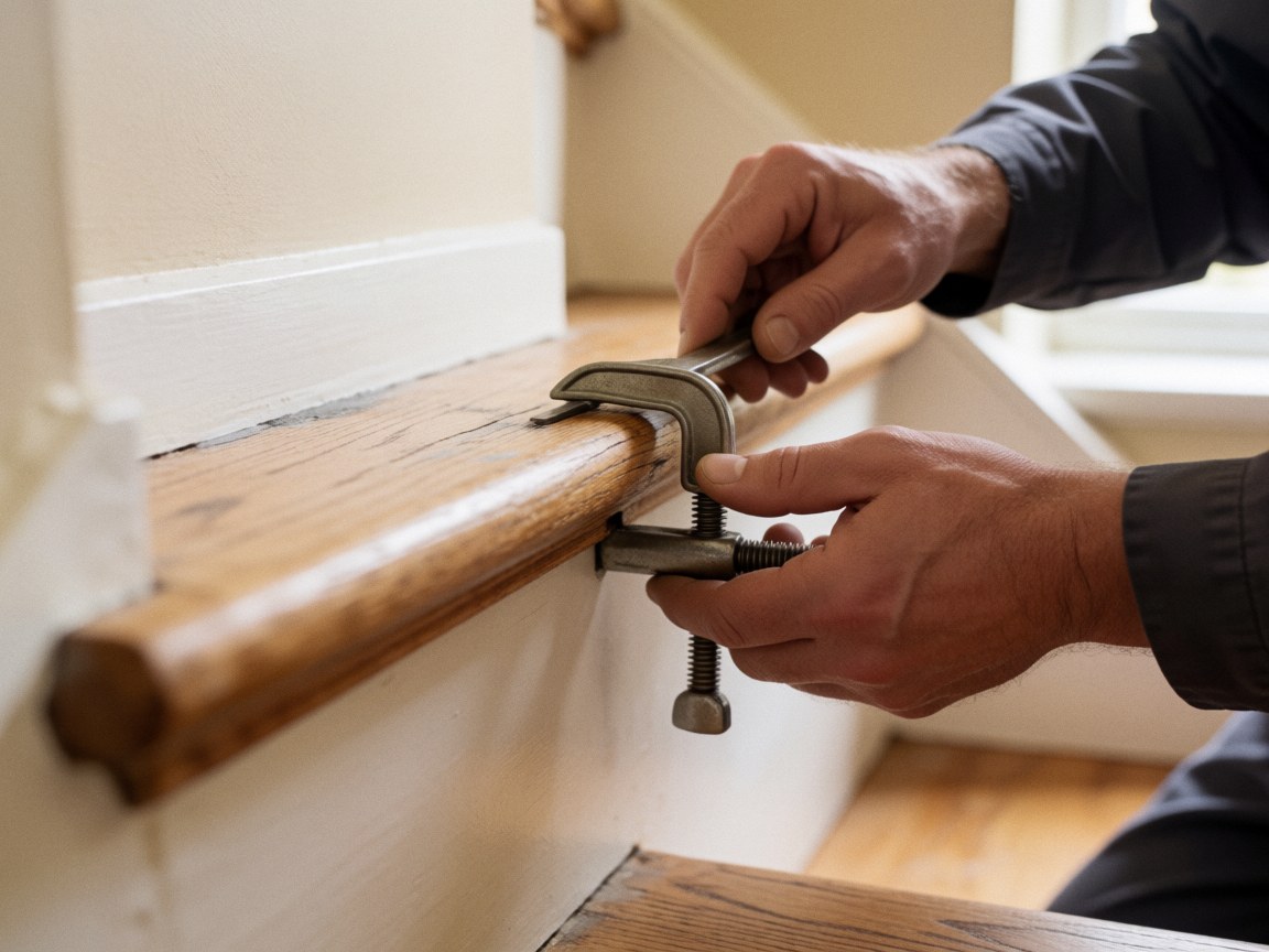 Main ajustant une cheville métallique sur un escalier en bois fissuré, avec un mur beige et une lumière naturelle.