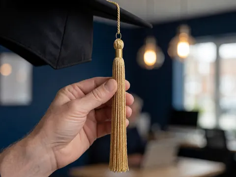 Main tenant une frange dorée de diplôme, chapeau noir, fond avec lumières chaudes et mur bleu marine, idéal pour photographe de cérémonies.