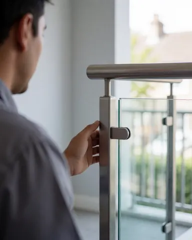 Une cliente inspecte une rambarde en métal et verre installée sur un balcon, avec des murs gris et une lumière naturelle douce.