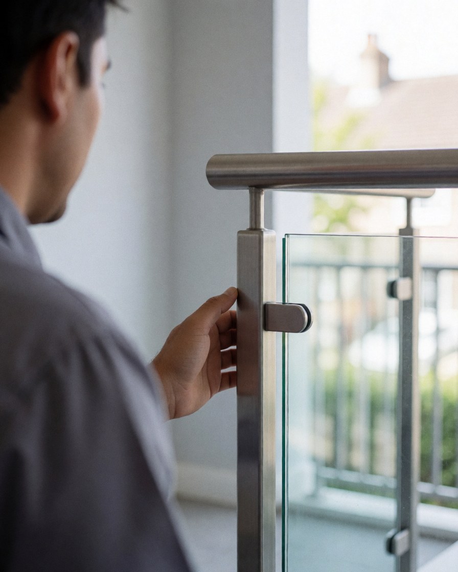 Une cliente inspecte une rambarde en métal et verre installée sur un balcon, avec des murs gris et une lumière naturelle douce.