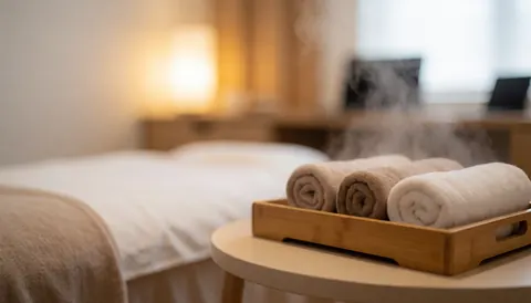 Plateau en bambou contenant des serviettes chaudes émettant de la vapeur, posé dans un studio de shiatsu avec lit et éclairage doux, servant de fond pour du texte.
