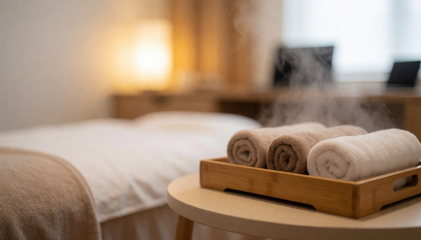 Plateau en bambou contenant des serviettes chaudes émettant de la vapeur, posé dans un studio de shiatsu avec lit et éclairage doux, servant de fond pour du texte.