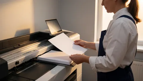 Un professionnel place une feuille blanche dans une imprimante grand format, dans un studio avec des murs gris clair et une lumière naturelle.
