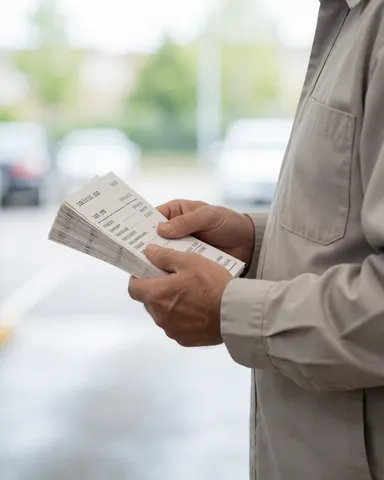 Agent de stationnement tenant des tickets de parking dans un garage avec un fond flou.