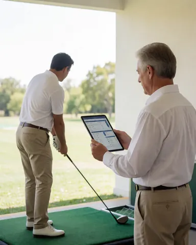 Un instructeur de golf analyse des données de swing sur une tablette pendant qu'un client s'entraîne avec un driver sur un terrain verdoyant et ensoleillé.