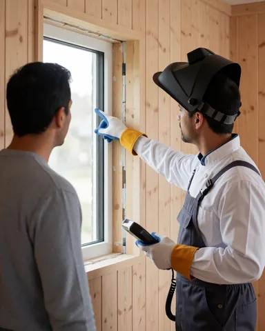 Un technicien portant un casque de soudage et des gants explique les détails d'une fenêtre à cadre en bois à un client dans une maison aux murs en bois clair.