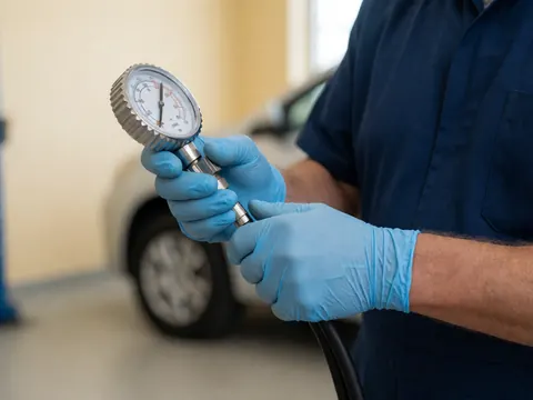 Mécanicien ajustant un manomètre sur la valve d'un pneu dans un atelier avec des murs clairs en arrière-plan.