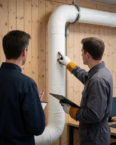 Un technicien en gants présente un isolant thermique sur un tuyau à un client dans une usine aux murs en bois.