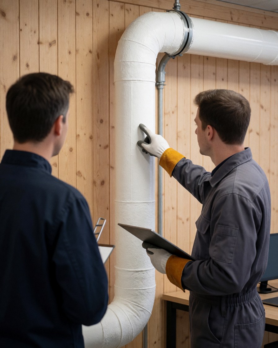 Un technicien en gants présente un isolant thermique sur un tuyau à un client dans une usine aux murs en bois.