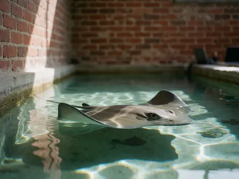 Une raie nage gracieusement dans une eau claire et peu profonde, entourée de murs en briques rouges et de motifs de lumière solaire, idéale pour un aquarium ou une exposition marine.