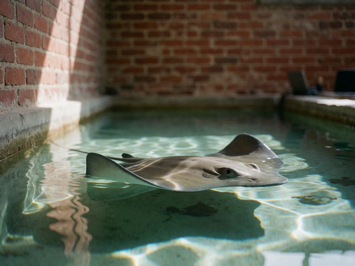 Une raie nage gracieusement dans une eau claire et peu profonde, entourée de murs en briques rouges et de motifs de lumière solaire, idéale pour un aquarium ou une exposition marine.