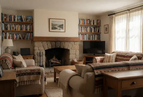 Salon confortable de gîte rural avec cheminée en pierre, canapés rembourrés et étagères remplies de livres de voyage, baigné de lumière naturelle.