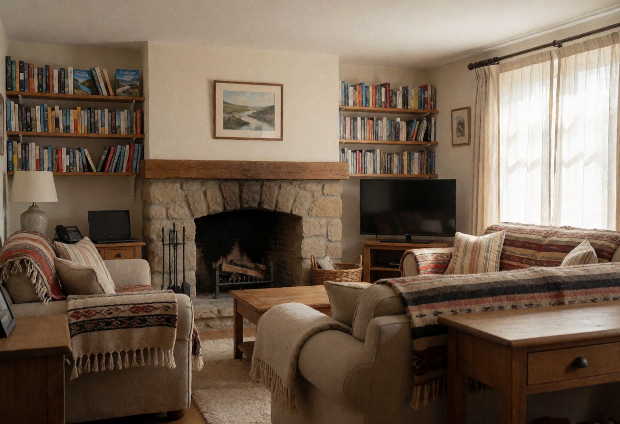 Salon confortable de gîte rural avec cheminée en pierre, canapés rembourrés et étagères remplies de livres de voyage, baigné de lumière naturelle.