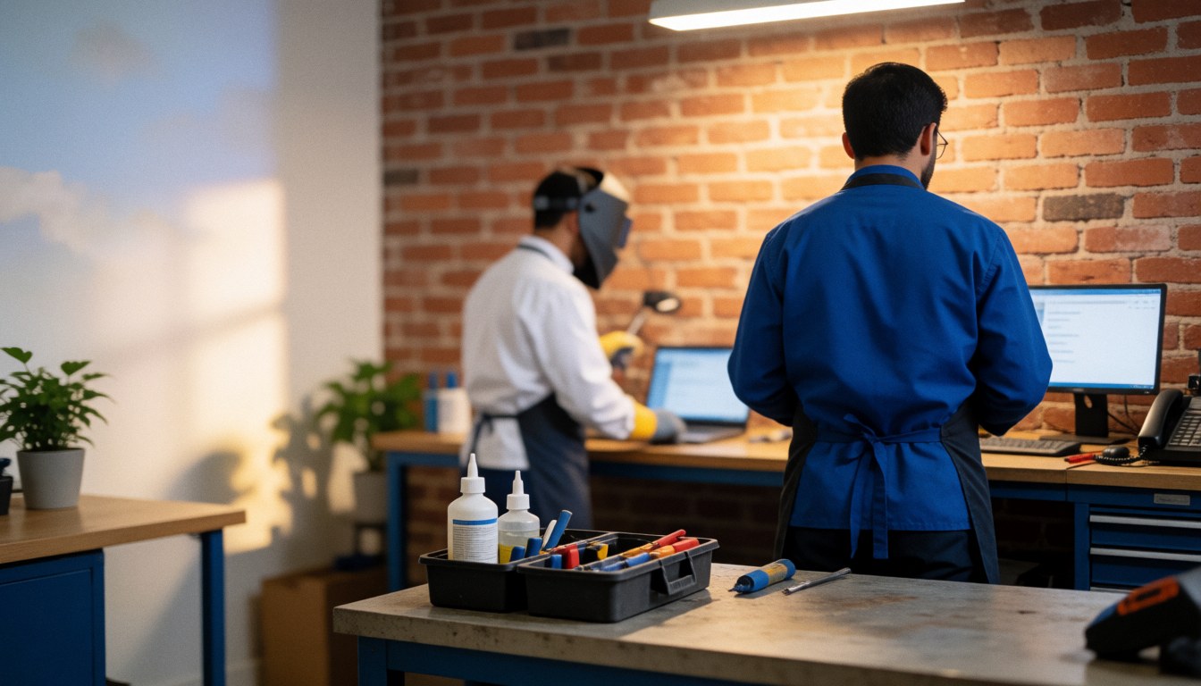 Technicien réparant un téléphone portable dans un atelier avec mur en briques, outils et ordinateur en premier plan.