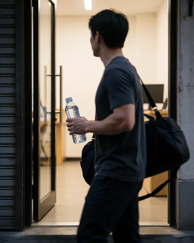 Vue de profil d'une personne tenant une bouteille d'eau et un sac de sport, pénétrant dans un gymnase baigné de lumière matinale.
