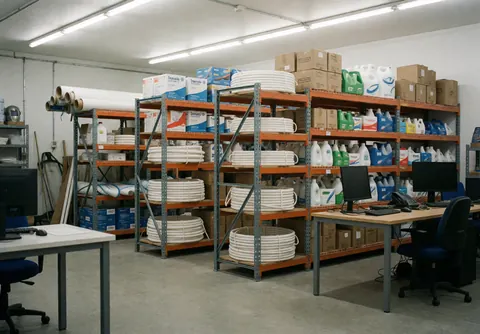 Entrepôt industriel avec étagères métalliques, rouleaux de tuyaux blancs, boîtes de produits chimiques et ordinateurs sur des tables de travail.