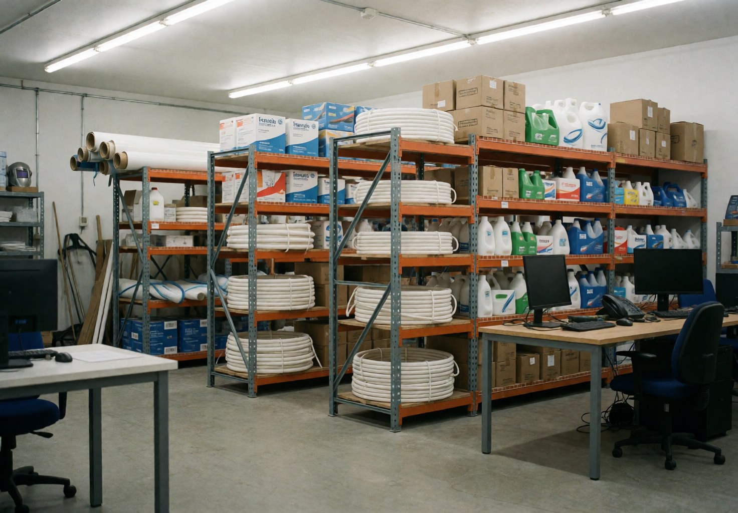 Entrepôt industriel avec étagères métalliques, rouleaux de tuyaux blancs, boîtes de produits chimiques et ordinateurs sur des tables de travail.