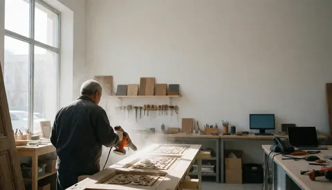 Un artisan utilise un souffleur pour nettoyer une porte en bois sculpté dans un atelier de restauration de meubles avec des outils suspendus et une lumière naturelle.