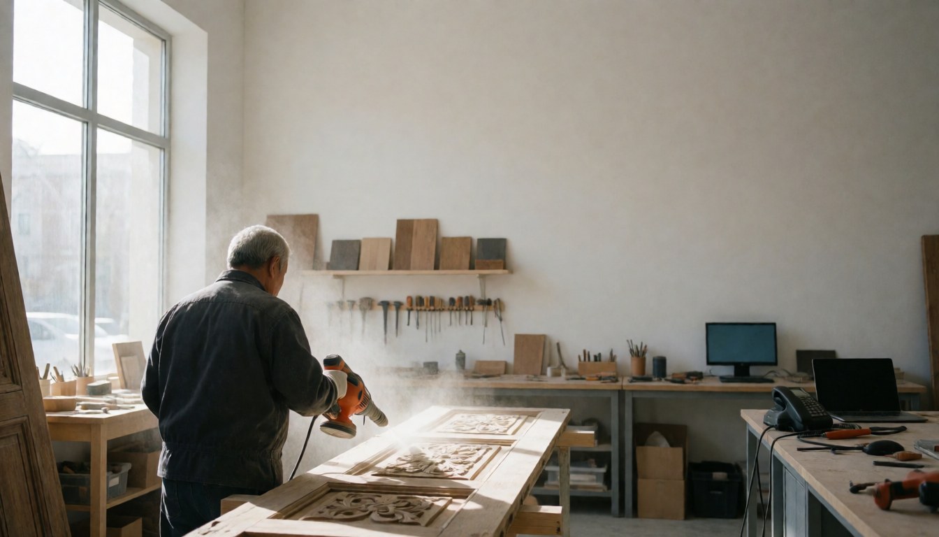 Un artisan utilise un souffleur pour nettoyer une porte en bois sculpté dans un atelier de restauration de meubles avec des outils suspendus et une lumière naturelle.