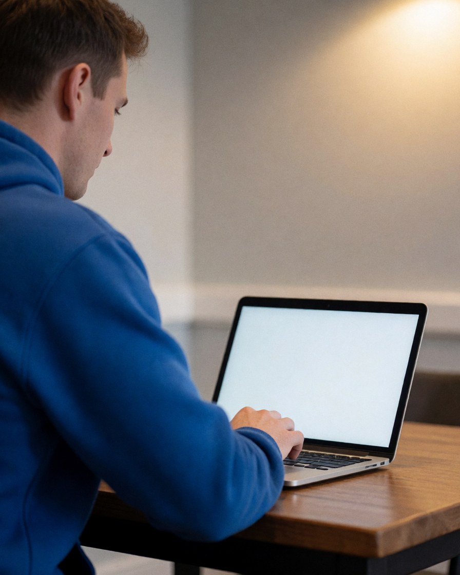 Entraîneur d'athlétisme utilisant un ordinateur portable posé sur une table en bois dans un bureau éclairé par une lumière chaude.