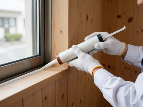 Gant appliquant du silicone blanc sur un cadre de fenêtre en aluminium contre un mur en bois, détail de réparation de fenêtres.