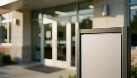 Cadre de signalisation métallique au premier plan avec en arrière-plan flou l'entrée d'un établissement scolaire comportant des portes en verre et une lumière chaude.